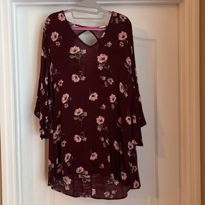 Lush Marron Floral Dress with Bell Sleeve